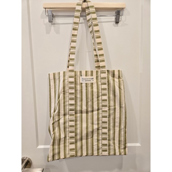 Sezane Handbags - Sezane et Octobre Editions Paris Striped Canvas Tote Bag Olive Green Cream